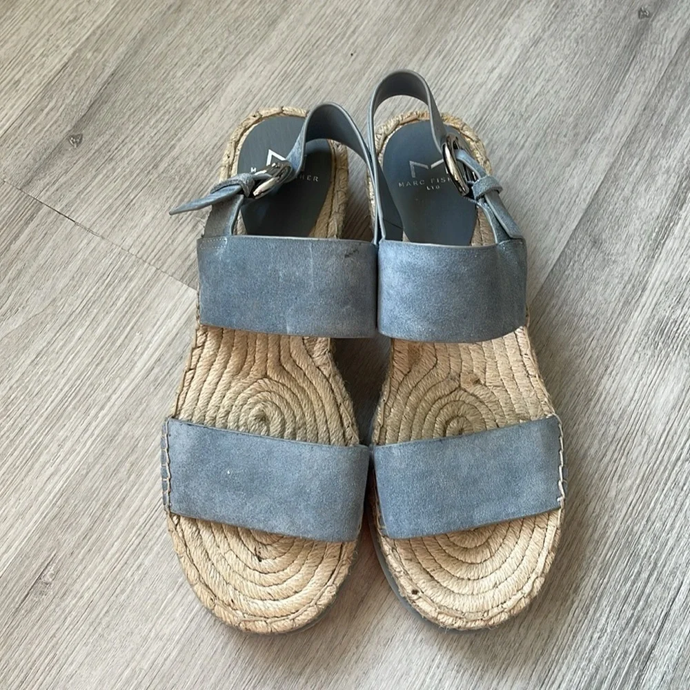 Marc Fisher Phebe 2 Light Blue Suede Leather espadrille wedge Sandals Size 8